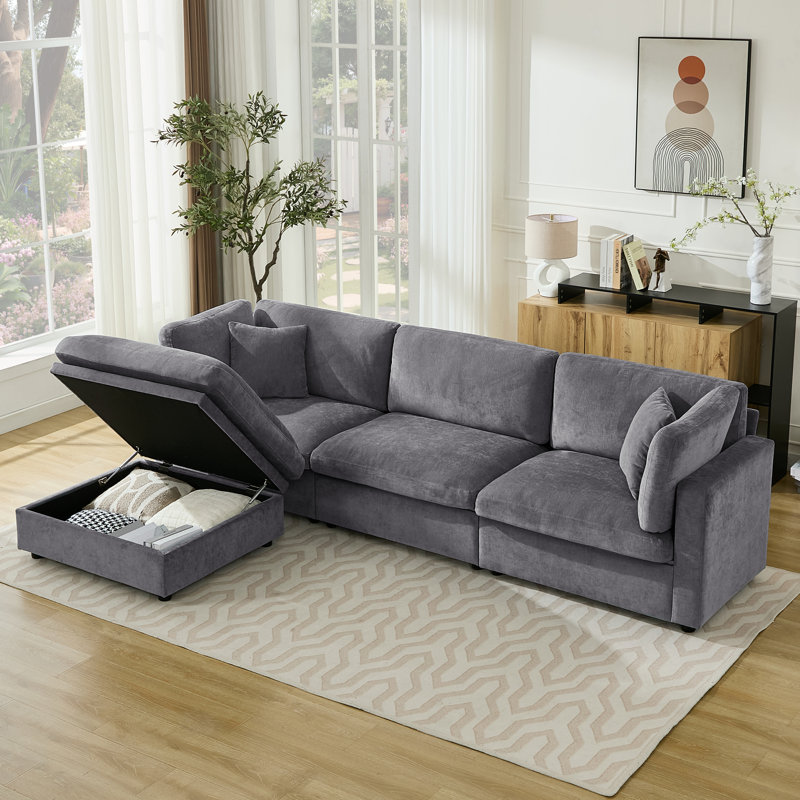  Canapé modulaire rembourré en forme de L à 4 places 118,5 po avec repose-pieds 118,5 po, Chenille gris pâle