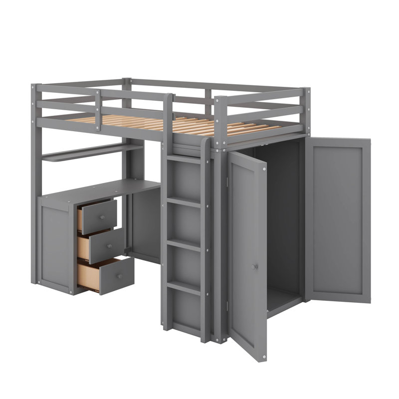 Lit mezzanine simple avec tiroirs, bureau et garde-robe, Gris