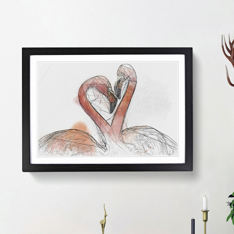 Two Loving Flamingos in Abstract - Picture Frame Graphic Art Print, 62cm H x 87cm W x 2cm D, Black Framed