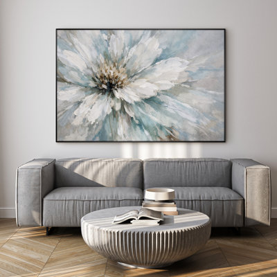 Très grand art mural imprimé sur tissu - Décor de chambre à coucher contemporain bleu et floral - «Assemblage requis (cadre non fini)»