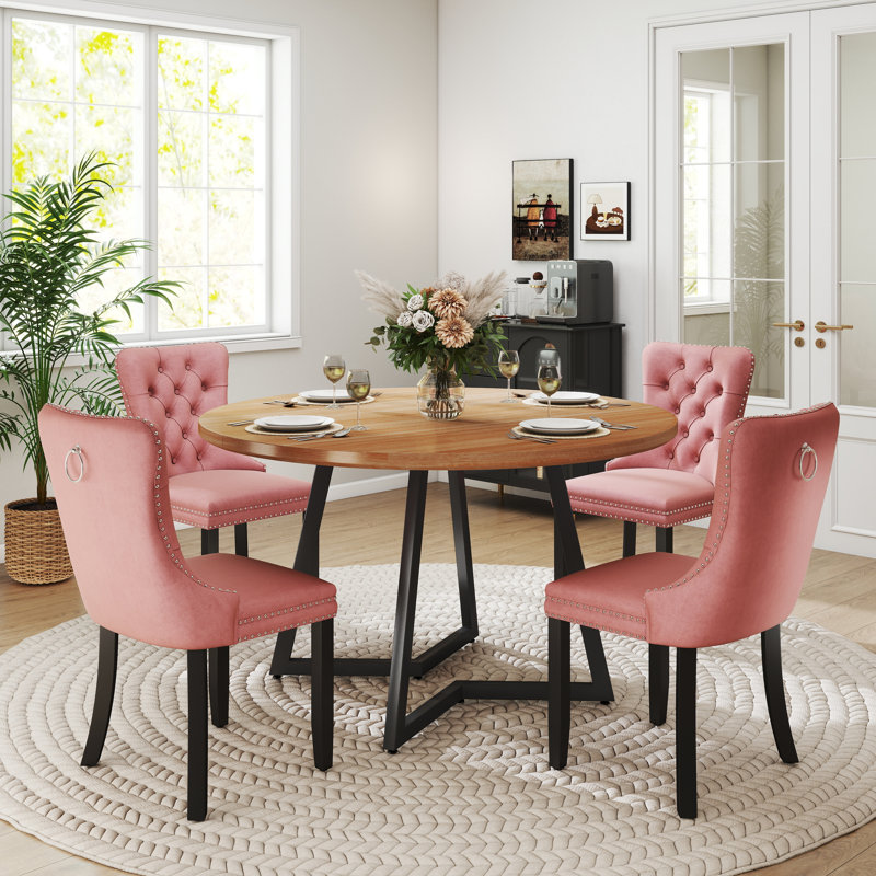 Round Wooden Dining Set with Velvet Dining Chair, Brown, Pink