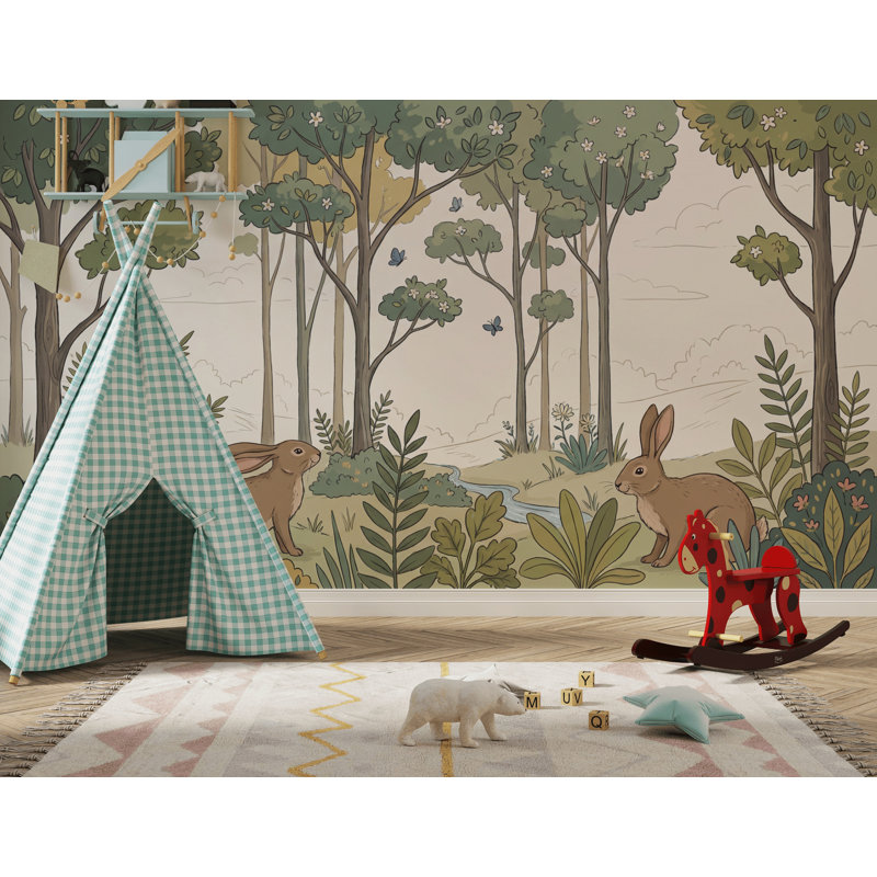 Papier peint paysage boisé avec illustration de livre de lapins, 100 po x 96 po, Texturé non collé