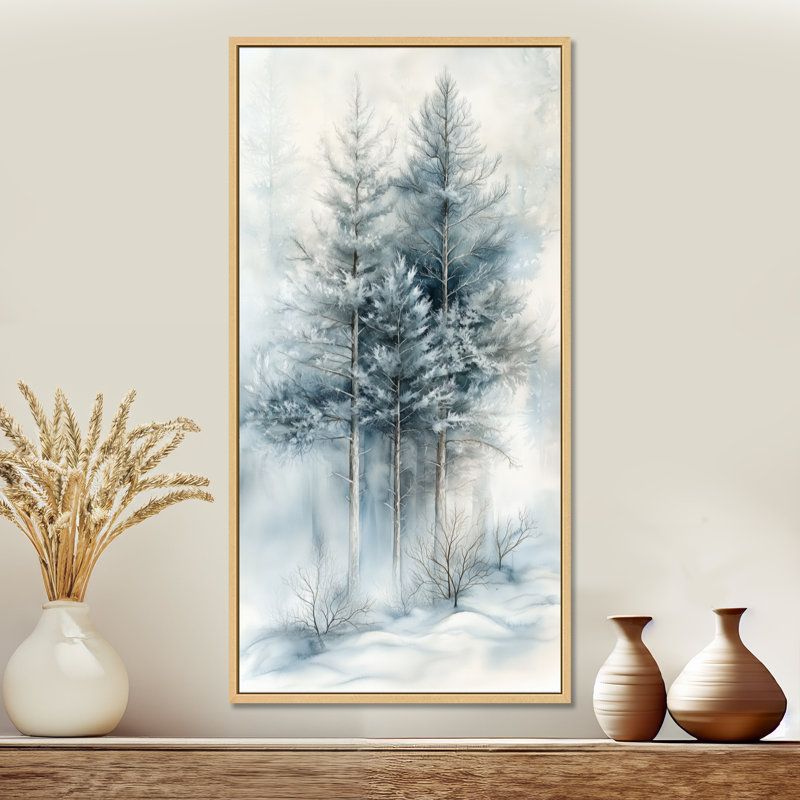 «Blue White Fading Light Gradient Forest Landscape V - Blue Peaceful Large», reproduction d'art sur toile encadrée rustique