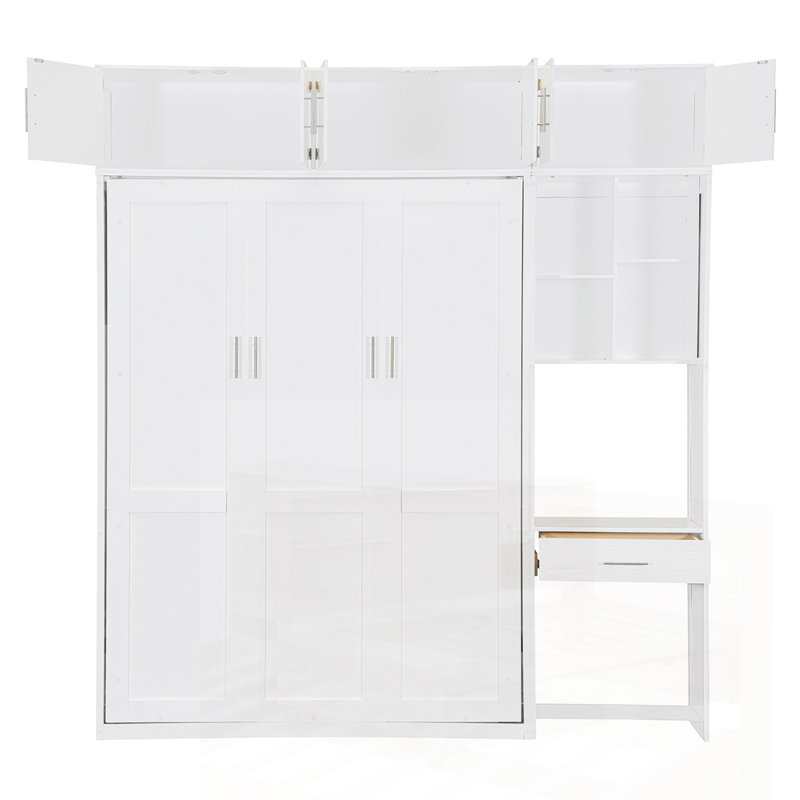 Grand lit escamotable blanc avec rangement mural et armoire de bureau, White