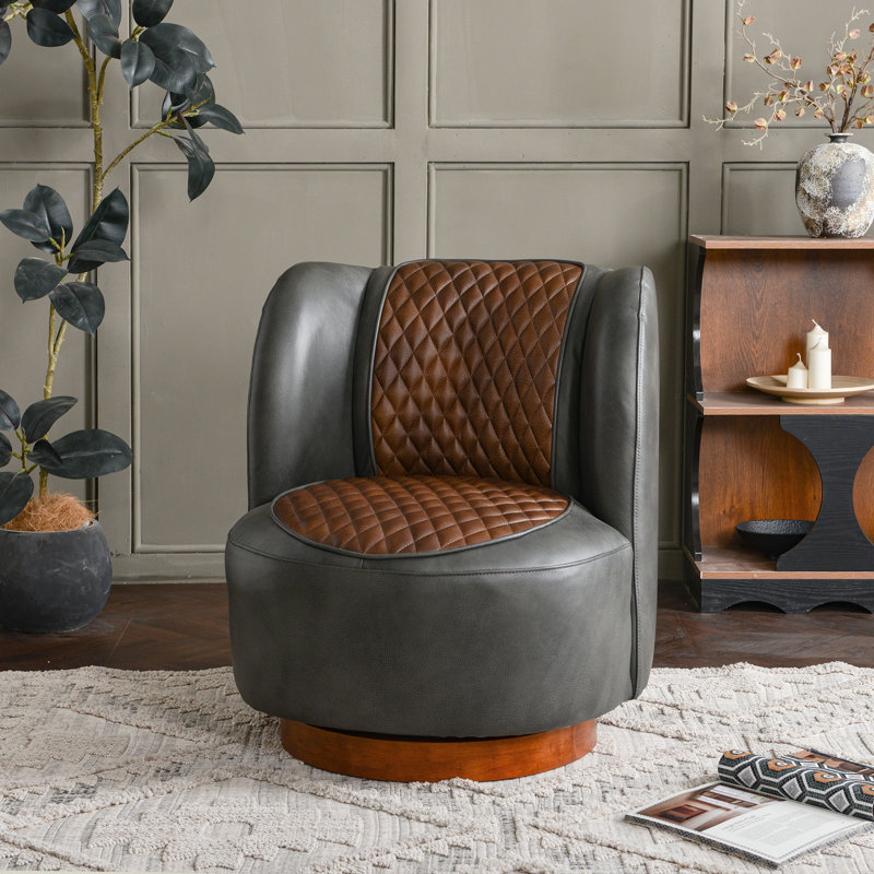 29'' W Top-grain Genuine Leather Upholstered Swivel Barrel Chair, Brown/Dark Gray