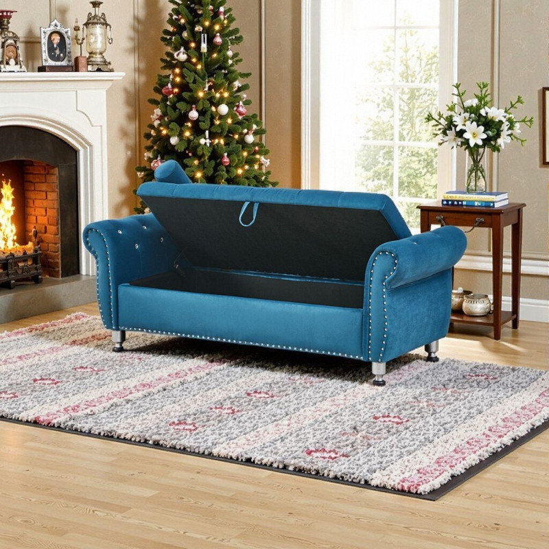 Banc de rangement avec repose-pieds en velours avec boutons en cristal, structure en bois et pieds en métal, Bleu