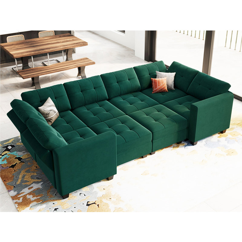 Buckleton 116.6'' Modular Upholstered Sectional Sofa Bed Tufted Cushion Velvet Storage Couch Sleeper, Dark Green Velvet