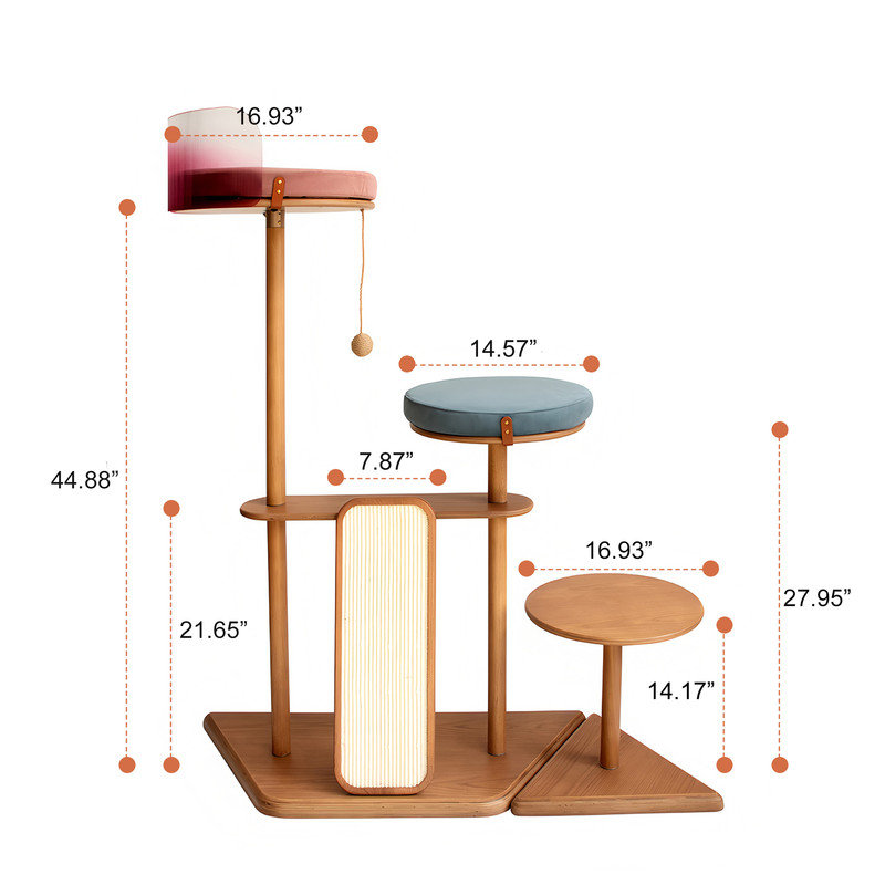 Tour pour chat d'intérieur géométrique moderne avec tablettes en placage de chêne, poteaux en bois massif, colonnes à griffes en sisal et dosette en acrylique transparent