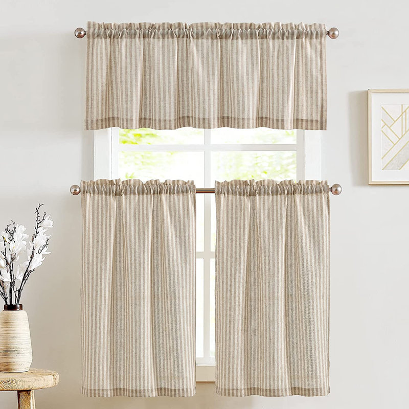 Rod Pocket Striped Kitchen Curtains, Tan, 52" W x 24" L