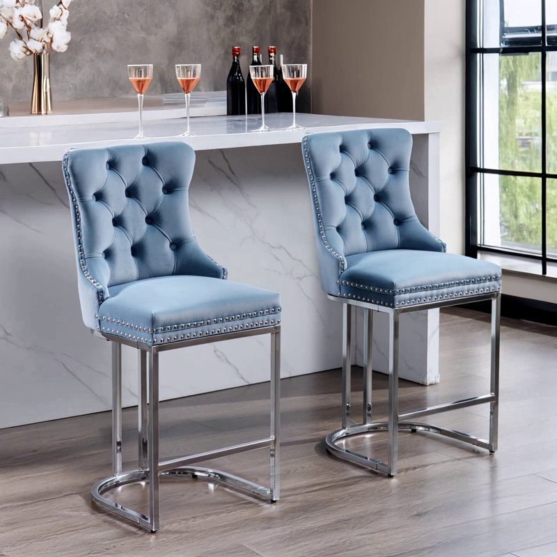 26" Counter Height Bar Stools Set Of 2, Light Blue Velvet