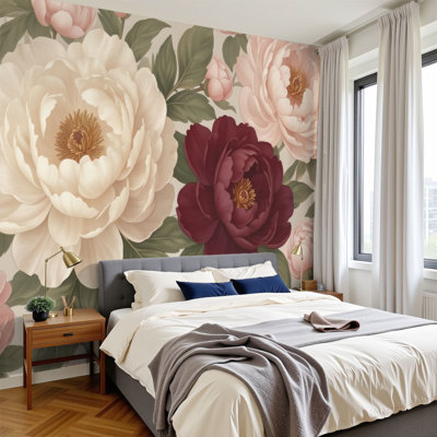Peel and Stick Wallpaper Vintage Peony Floral Soft Pink Cream Blossoms Green Leaves Wall Murals 100"H x 144"W Removable PVC Wall Paper Self-Adhesive Wall Paintings Art Decor for Bedroom Living Room Office Nursery