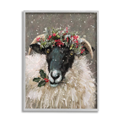 «Holiday Berries Farmhouse Sheep» encadré sur bois par Pip Wilson, peinture