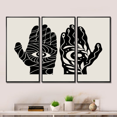 «HamSa Hands with Eye and Moon Black and White Illustration», ensemble de 3 reproductions sur toile flottantes