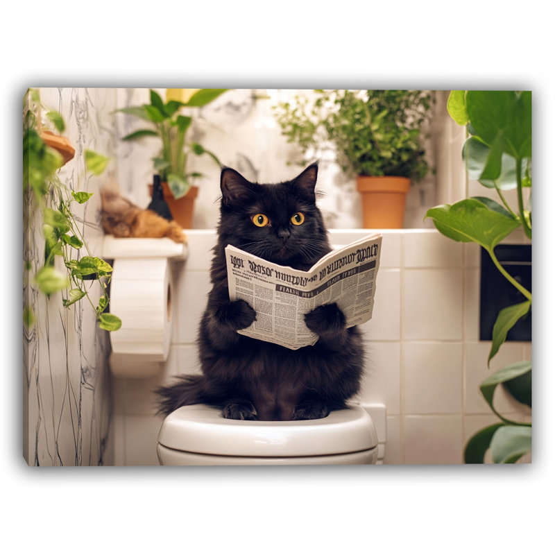 «Black Cat Bathroom Reader - Gray Tile Humor», art mural