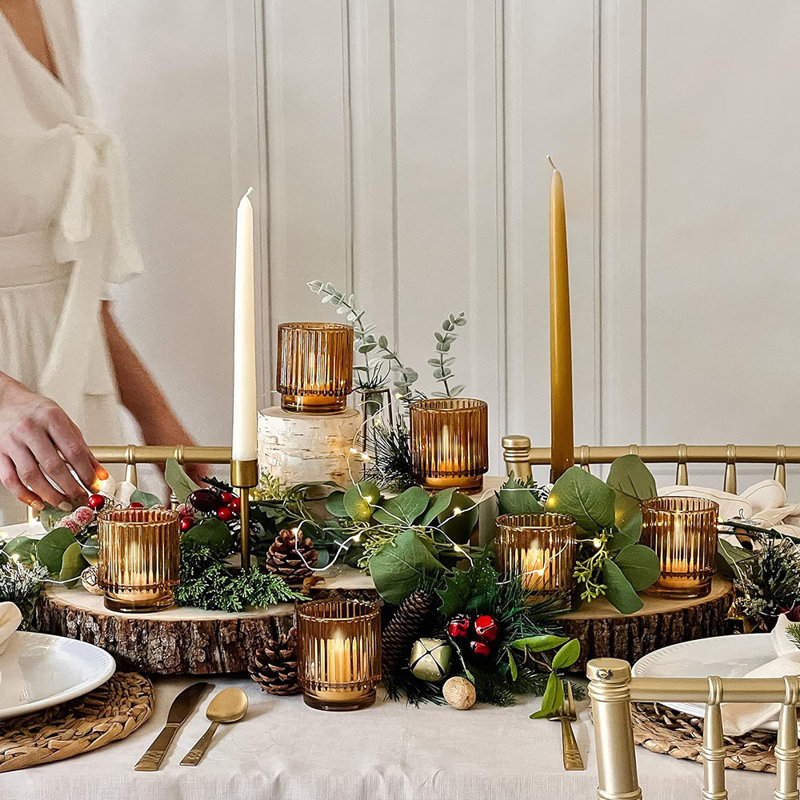 Vintage Ribbed Amber Glass Tealight & Votive Candle Holders (Set Of 6), Fall Decor, Boho Decor, Shelf Decoration (27206AB)