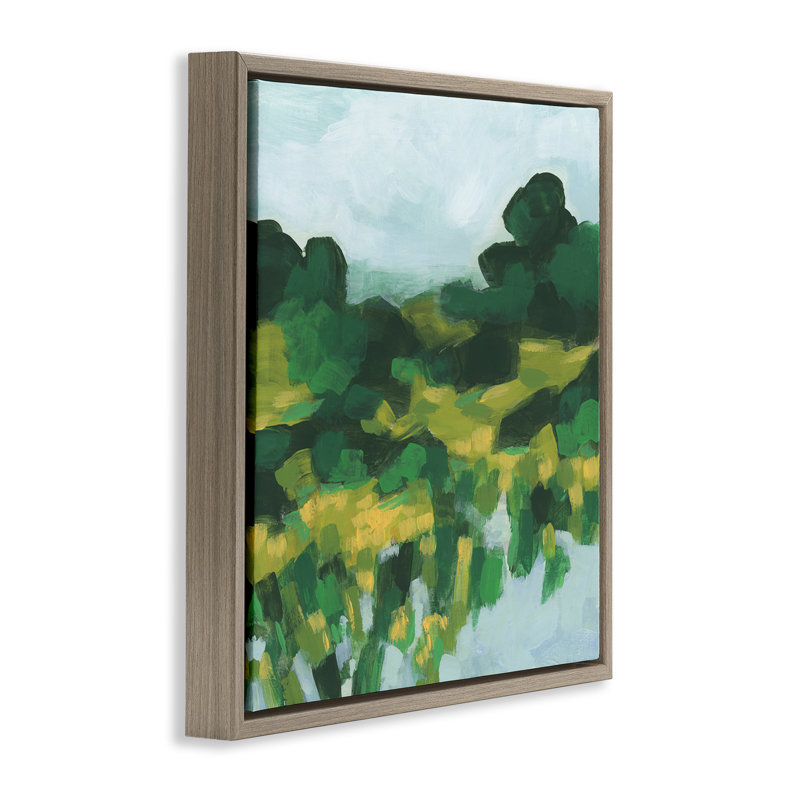 Abstrait vert luxuriant, paysage doré encadré sur toile flottante par June Erica Vess, Cadre flottant orme Montalcino