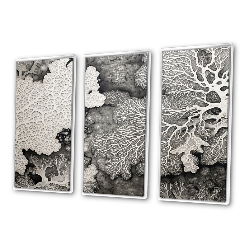 Ensemble de salon mural abstrait corail noir et blanc abstrait corail sous l'eau II, Cadre flottant blanc