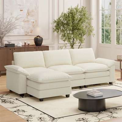 118 Inch Modular Sectional Sofa, Comfy Cloud Couch With Ottoman, L-Shaped 4-Seat Corduroy Sleeper For Living Room And Apartment