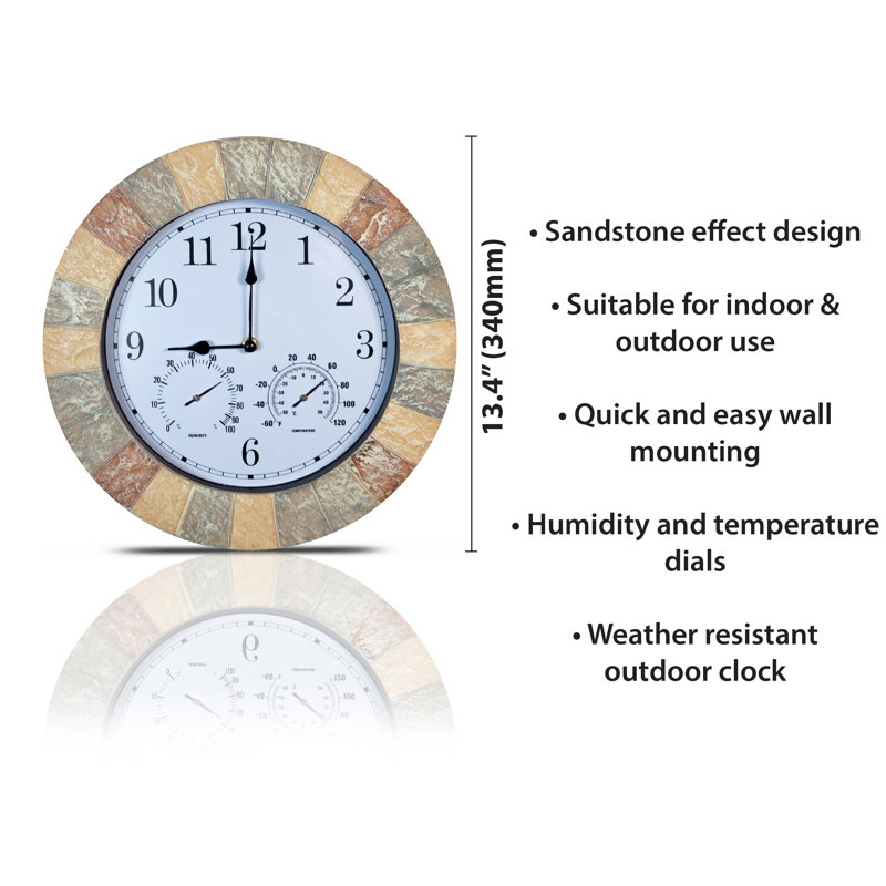Sandstone Effect 13 Inch Outdoor and Indoor Wall Clock with Thermometer & Hygrometer