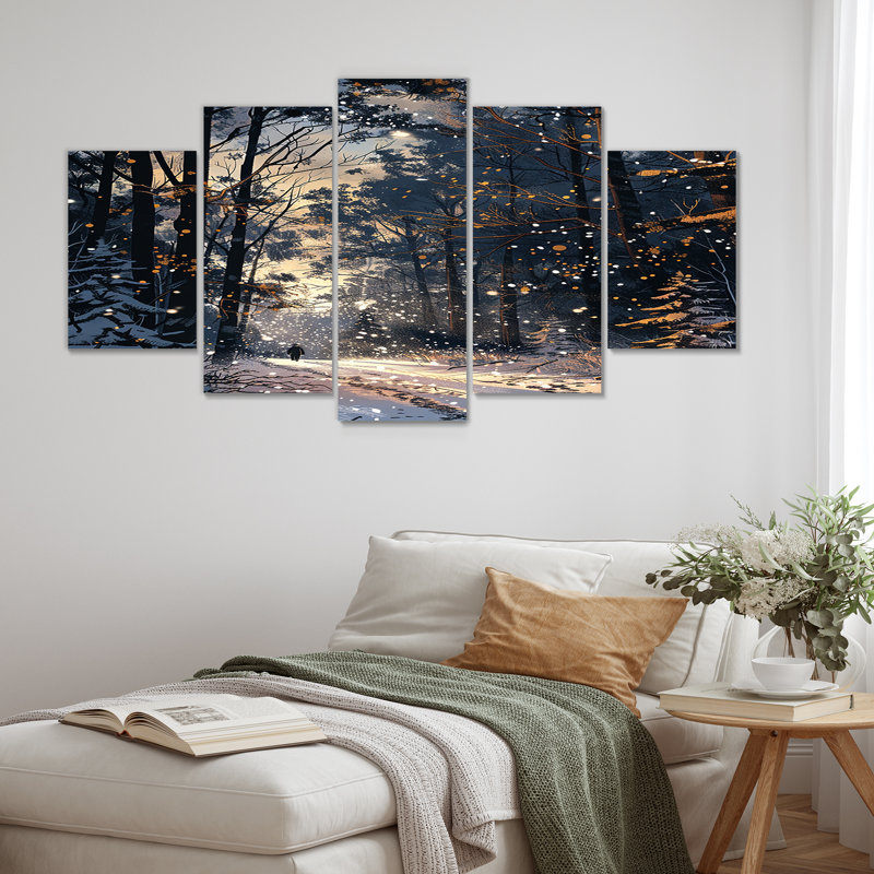 Chemin enneigé à travers la forêt d'hiver - ensemble d'art mural forêt 5 pièces, H 32 po x l 60 po