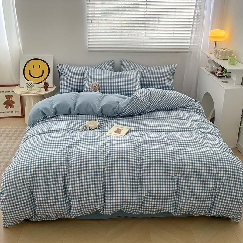 Blue Duvet Cover Reversible Plaid Checkered Comforter Cover Grid Farmhouse Dorm Bedding Set Soft Breathable Washed Microfiber Gifts