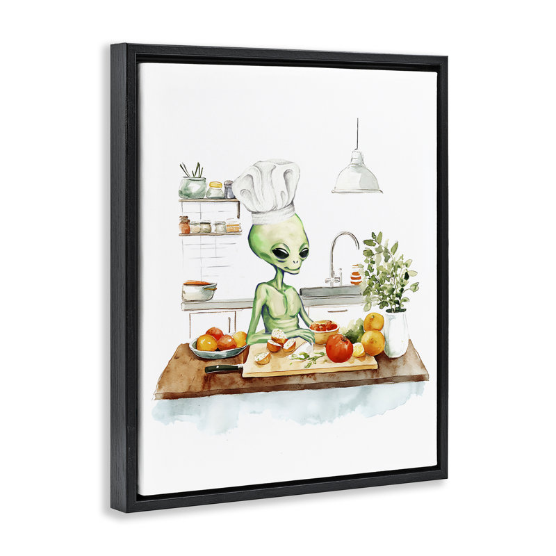 Chef Alien in Kitchen Floating Frame, design by Lil' Rue, Jet Black Floater Frame, 21" H x 17" W