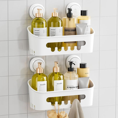 2-Pack Suction Cup Shower Caddies, Heavy-Duty Removable Bathroom Storage Shelves With Fast-Drain Design, Waterproof Plastic Organizer, White