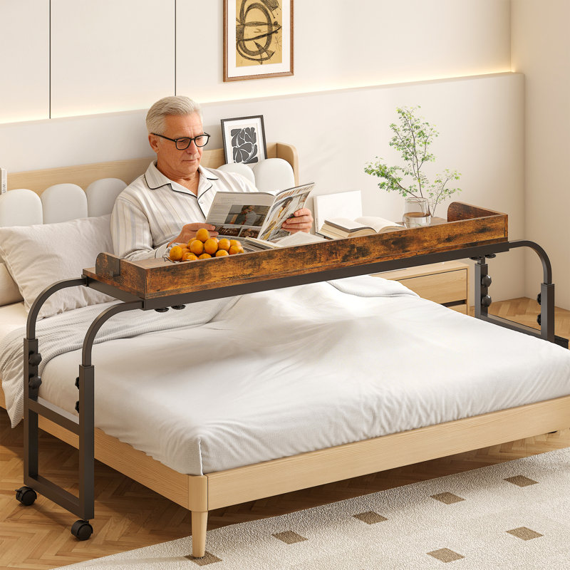 70.8"-81.5" W Height Adjustable Overbed Table With Power Outlet & LED Light, Rolling Bed Desk, Writer Desk, Brown/Black