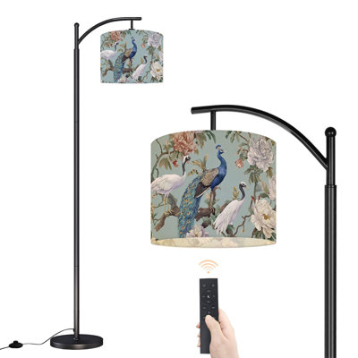 Arc Floor Lamp Seamless chinoiserie style herons peacock birds peonies Floor Lamps with Remote LED Lights Adjustable Lamp Shades Tall Standing Lamps for Reading Office Living Room