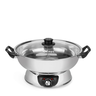 AROMA Electric Hot Pot, Dual-Sided Stainless Steel Pot, Shabu Shabu, Adjustable Heat Settings, Stainless Steel, 5 Qt