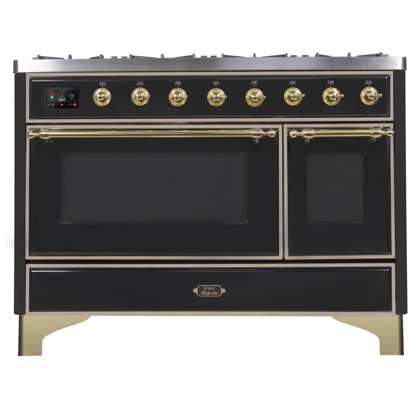 ILVE Majestic II Series 48 inch Dual Fuel Range with 8 Sealed Burners, Griddle (Glass Door), Natural Gas, Glossy Black/Brass