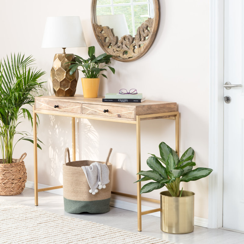 Sidney Beige and Gold Mango Wood Console Table with Storage