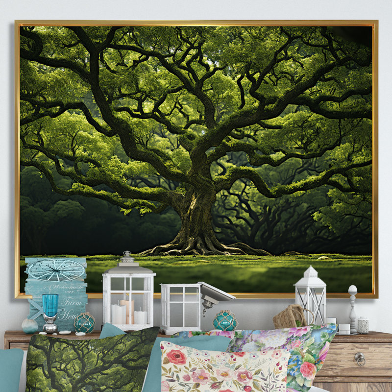 Chêne vert, puissance de la forêt - art mural grand chêne, Cadre flottant doré, 34" H x 44" W