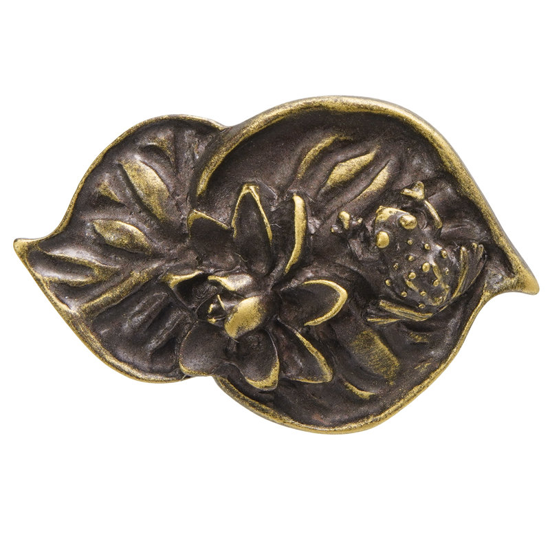 Nénuphars; Double nénuphar et grenouille avec poignée en laiton antique, Laiton antique