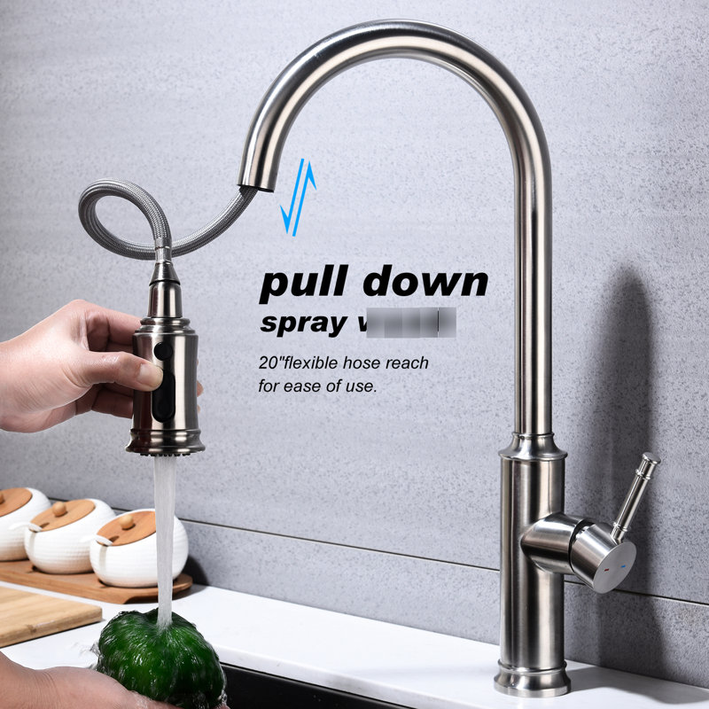 Kitchen Pull Out Spray Faucet, Brushed Nickel , Stainless Steel Body, 360 Rotating Nozzle For Simple Water Management, Corrosion And Rust Resistance Feature, Single Handle Flow Controller Finish,