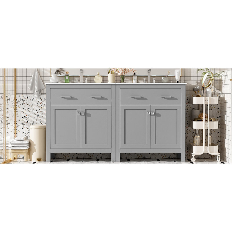 Armoire de salle de bain grise 60 po avec lavabo double, tiroir et rangement réglable, Grey, Argent