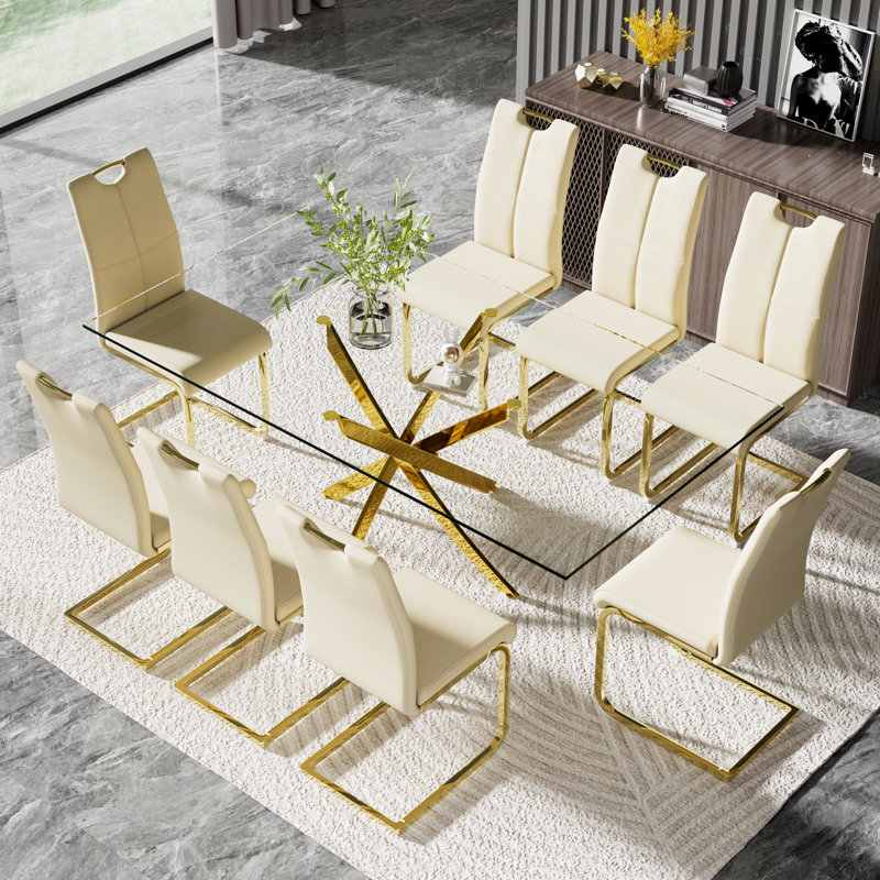 Modern 71in Glass Dining Table Set with Luxury Faux Leather Dining Chairs, Yellow, 9, Gold