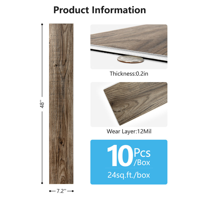 Art3d  48''x7.2'' Interlocking Luxury Vinyl Flooring Tile, SPC Rigid Core Wood-Look Floor Plank,Set of 10, Brown Wood