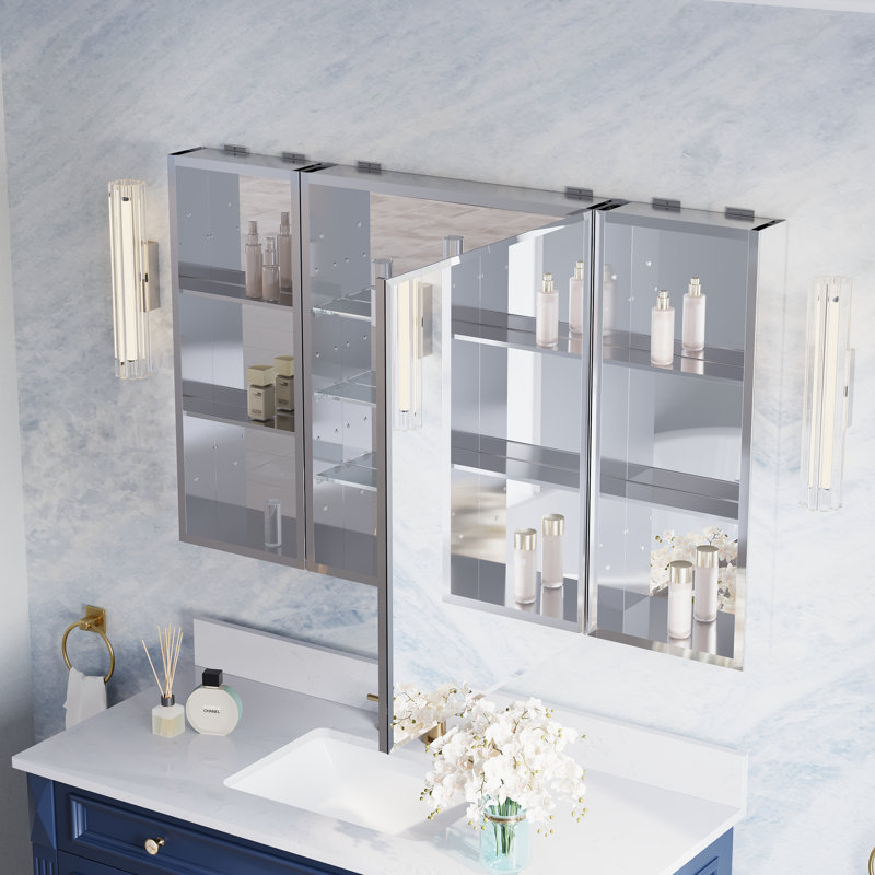 Armoire à pharmacie encastrée ou en saillie en aluminium avec miroir biseauté et tablette ouverte, 122 cm (L) x 76 cm (H).