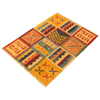 Tapis orange / jaune en laine fabriqué à la main Kilim