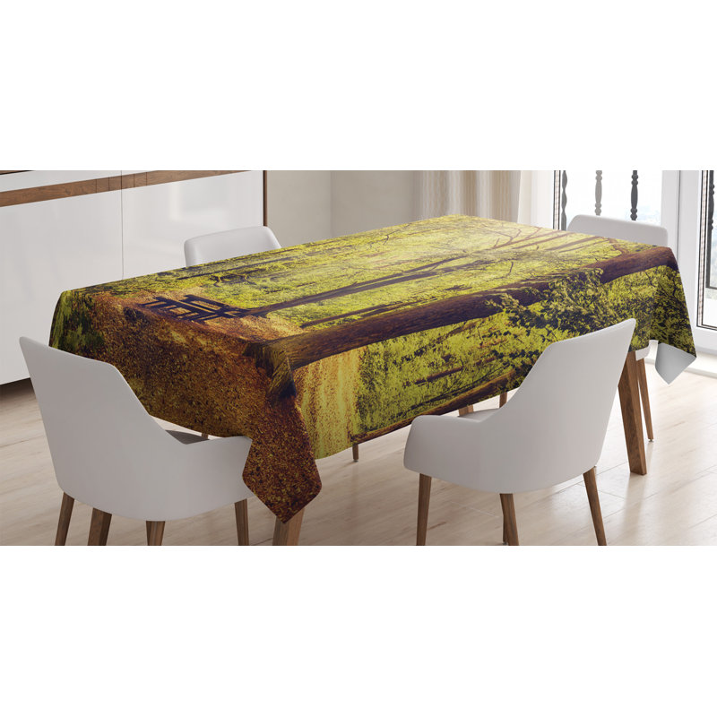Ambesonne Forest Tablecloth, Picnic Table In The Forest Foliage Greenery Nature Theme Summer And Winter Theme, Rectangular Table Cover For Dining Room Kitchen Decor, 52" X 70", Green Brown