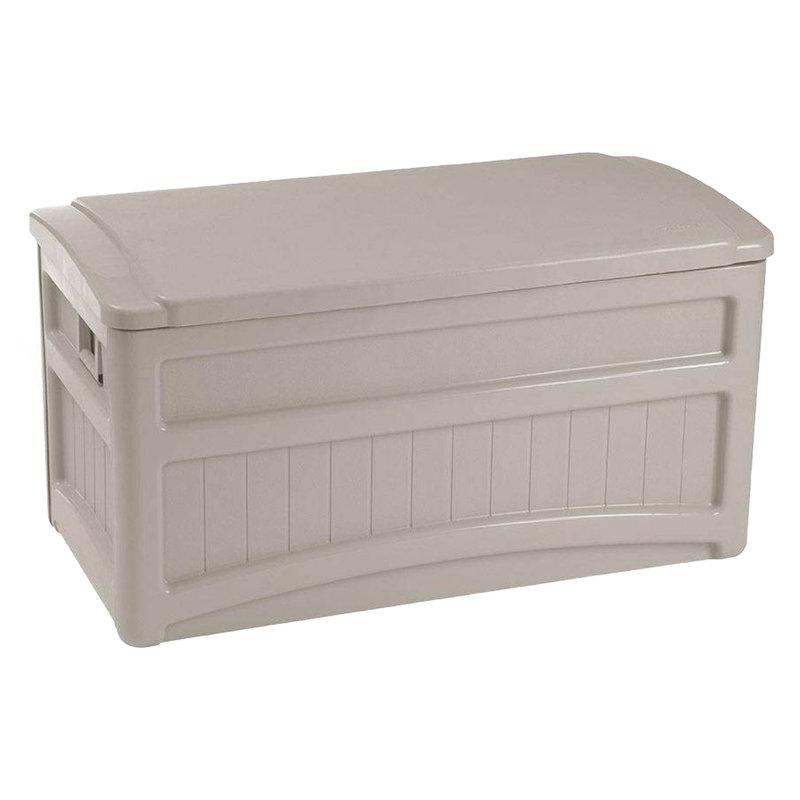 Suncast 73 Gallon Water Resistant Resin Lockable Deck Box with Lock Wheels in Light Taupe
