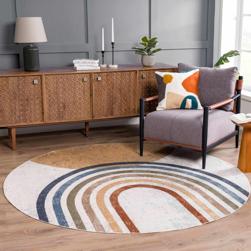 Sunny Machine Washable Modern Cream/Yellow Area Rug, Round 6'7"