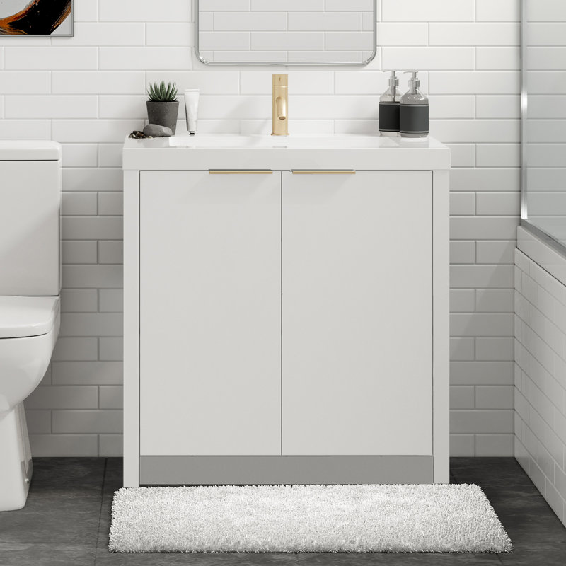 Mesa 30" W Freestanding Single Bathroom Vanity , White Matte, White Nanomatte/Satin Brass, Single-Hole
