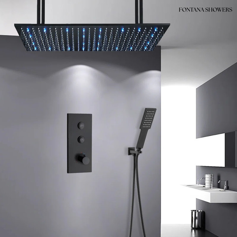 20 Système de douche de plafond à DEL noir mat de 40 po avec télécommande thermostatique