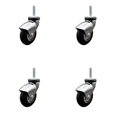 3 Inch Bright Chrome Hooded Neoprene Rubber 12mm Threaded Stem Casters Set 4 SCC