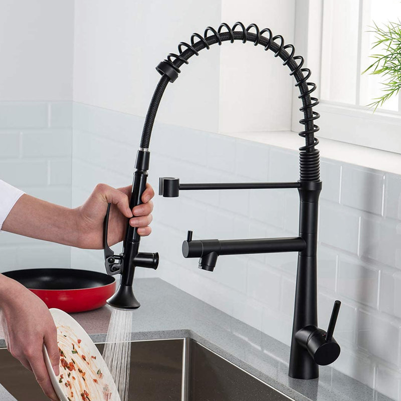 Robinet de cuisine noir mat robuste - Style commercial avec douchette extractible et inverseur de prérinçage à poignée unique