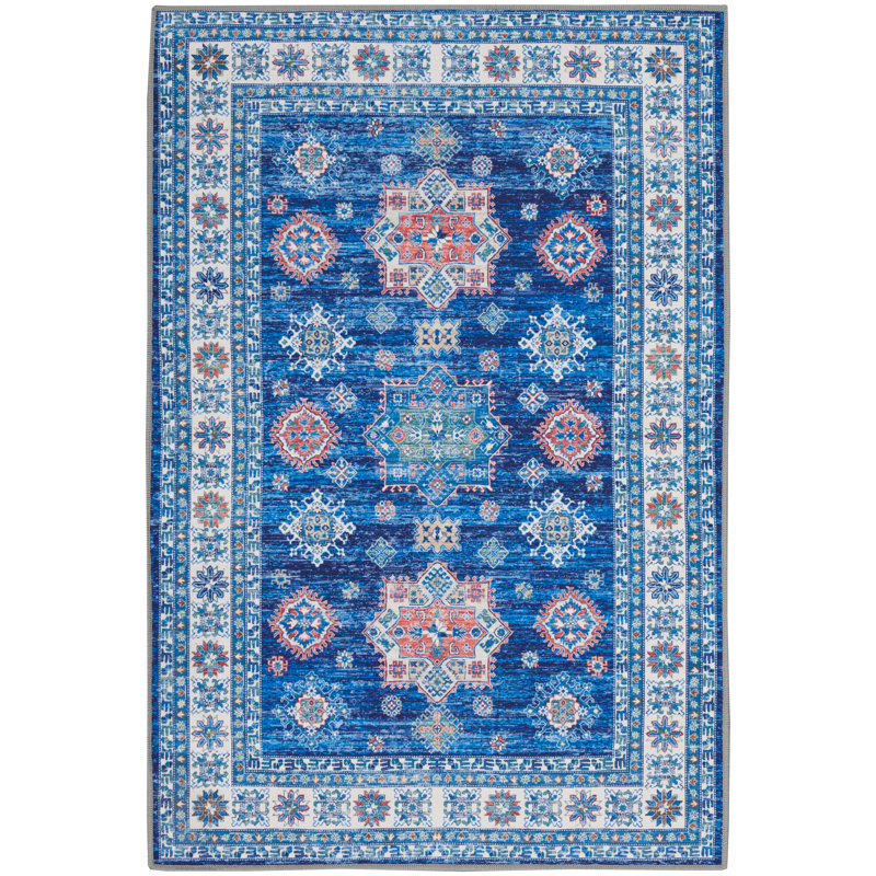 Tapis blanc / bleu / beige performance tissé à la machine / tissé à la machine Sykesville, Rectangle 2 pi x 3 pi