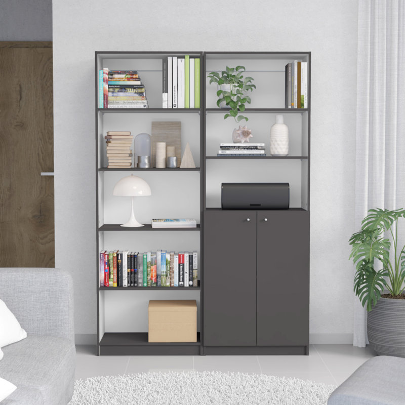 Ensemble de bibliothèque 2 pièces Layton, 49 po de largeur avec 8 tablettes et armoire double porte, ensemble de salon gris mat - blanc, armoire
