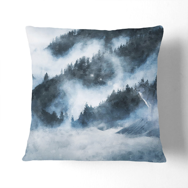 Wolf in a Winter Forest Painting Cushion with Filling, 40cm H x 40cm W x 15cm D